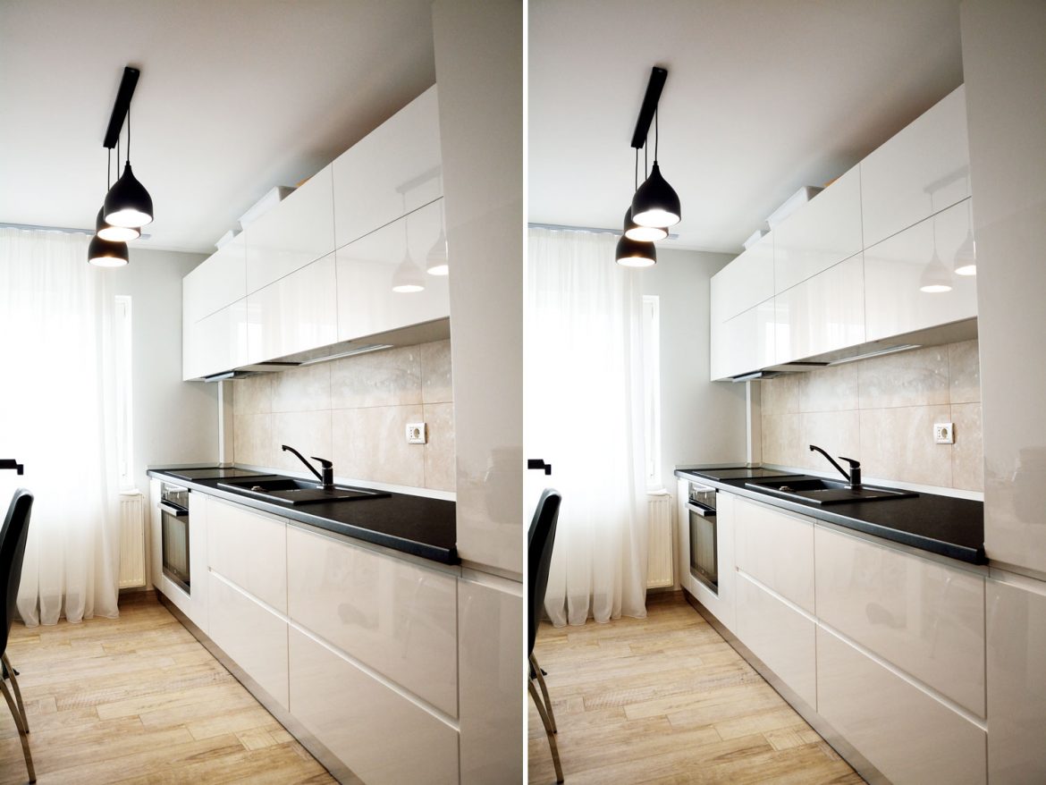Bucatarie Yulmob la comanda cu usi MDF vopsit alb lucios RAL 9003 frezare manere electrocasnice incorporabile blat termorezistent Egger U999 ST89 Black