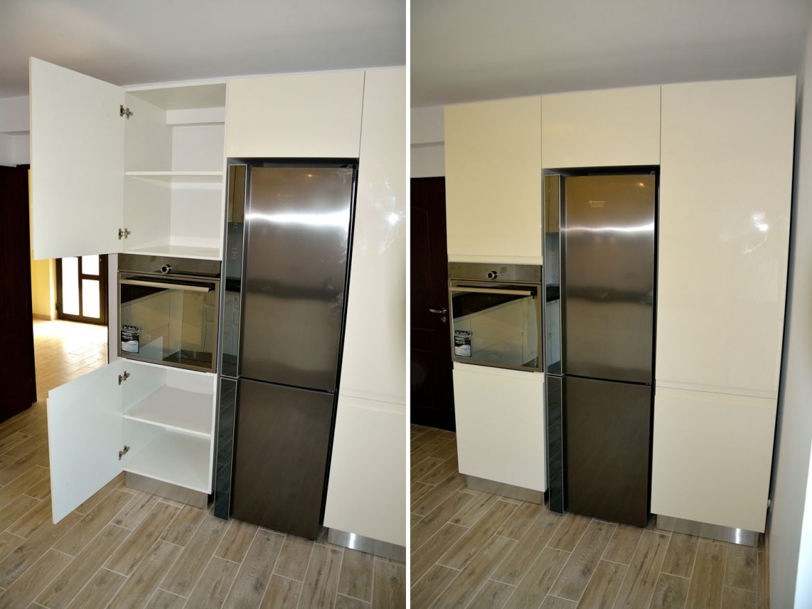 Bucatarie la comanda Yulmob Bacau cu electrocasnice incorporabile frigider incastrat usi MDF vopsit si balamale silentioase Blum