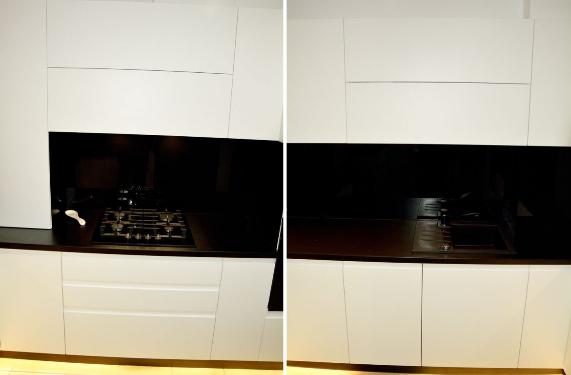 Bucatarie la comanda Yulmob Bacau cu usi MDF vopsit alb mat RAL 9003 cu frezare manere interior pal alb blat Egger negru termorezistent si electrocasnice negre incorporabile 1