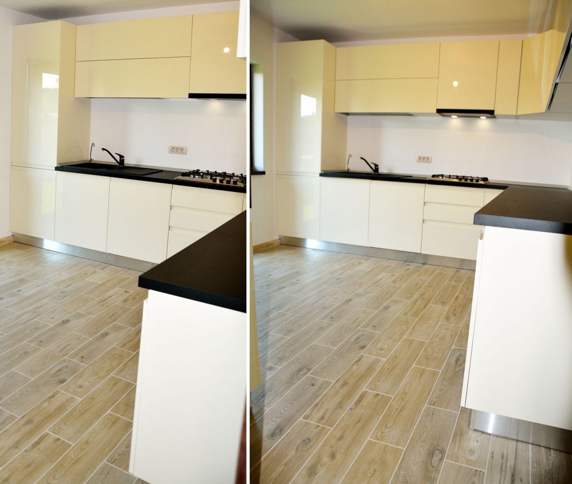 Bucatarie la comanda Yulmob bacau cu usi MDF vopsit RAL 9001 si interior MDF cu melamina alba