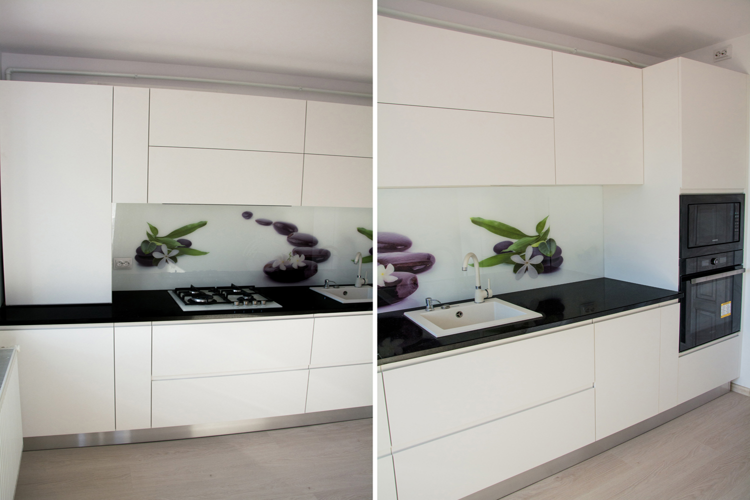 Bucatarie la comanda Yulmob bacau realizata cu usi din MDF vopsit alb mat cu frezare maner RAL 9003 3