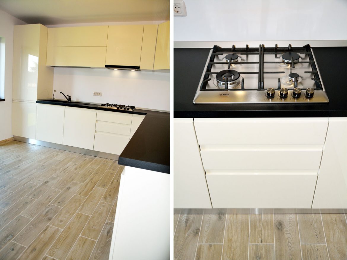 Bucatarie usi din MDF vopsit cu blat termorezistentsi interior pal alb electrocasnice incorporabile