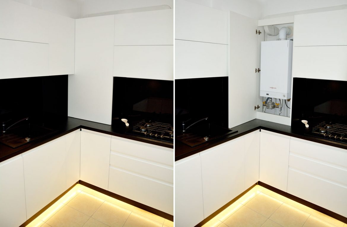 Corpuri bucatarie cu usi MDF vopsit alb mat RAL 9003 balamale silentioase Blum masca centrala incastrata in mobilier si electrocasnice incorporabile