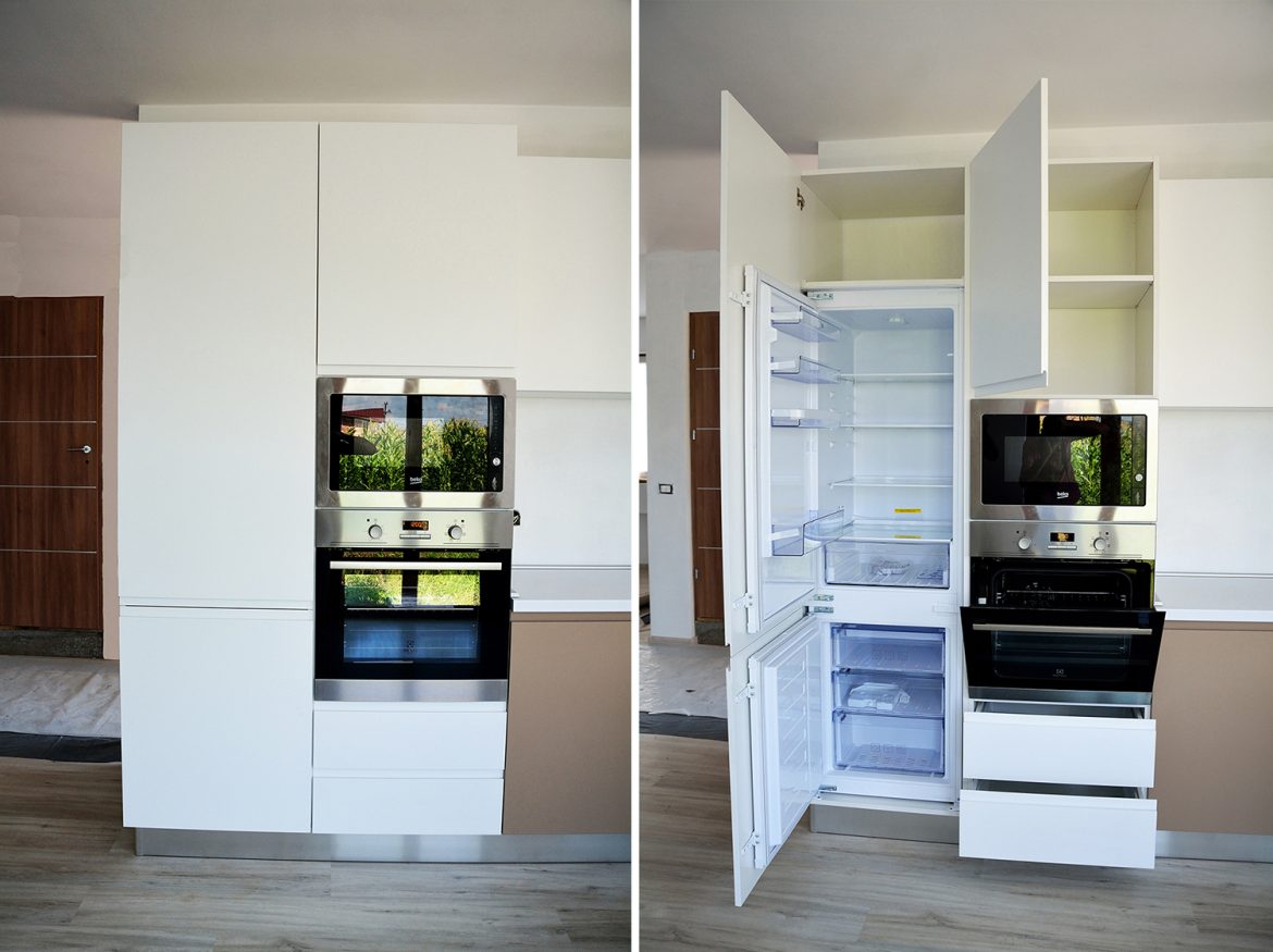 Detali mobila la comanda cu frigider cumptor si cuptor cu microunde incorporabile usi din MDF vopsit alb mat RAL 9003 frezare maner