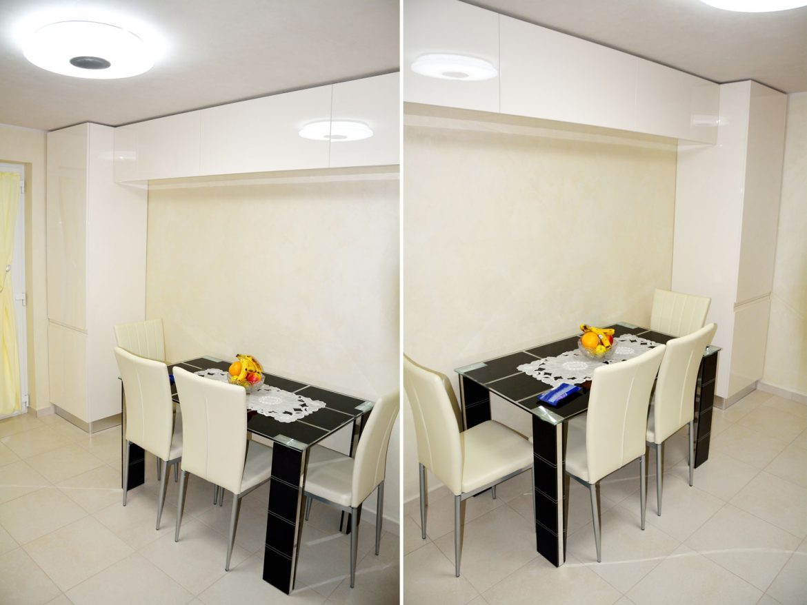 Mobilier bucatarie moderna la comanda cu usi MDF vopsit RAL 9001 crem lucios frezare manere interior pal alb laterale MDF vopsit plinta picioare din PVC