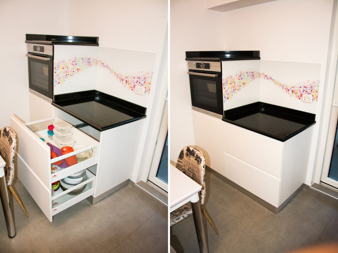 detali soldatel cu cuptor electric la inaltime cu lateral din MDF vopsit alb lucios cu sertare silentioase antaro