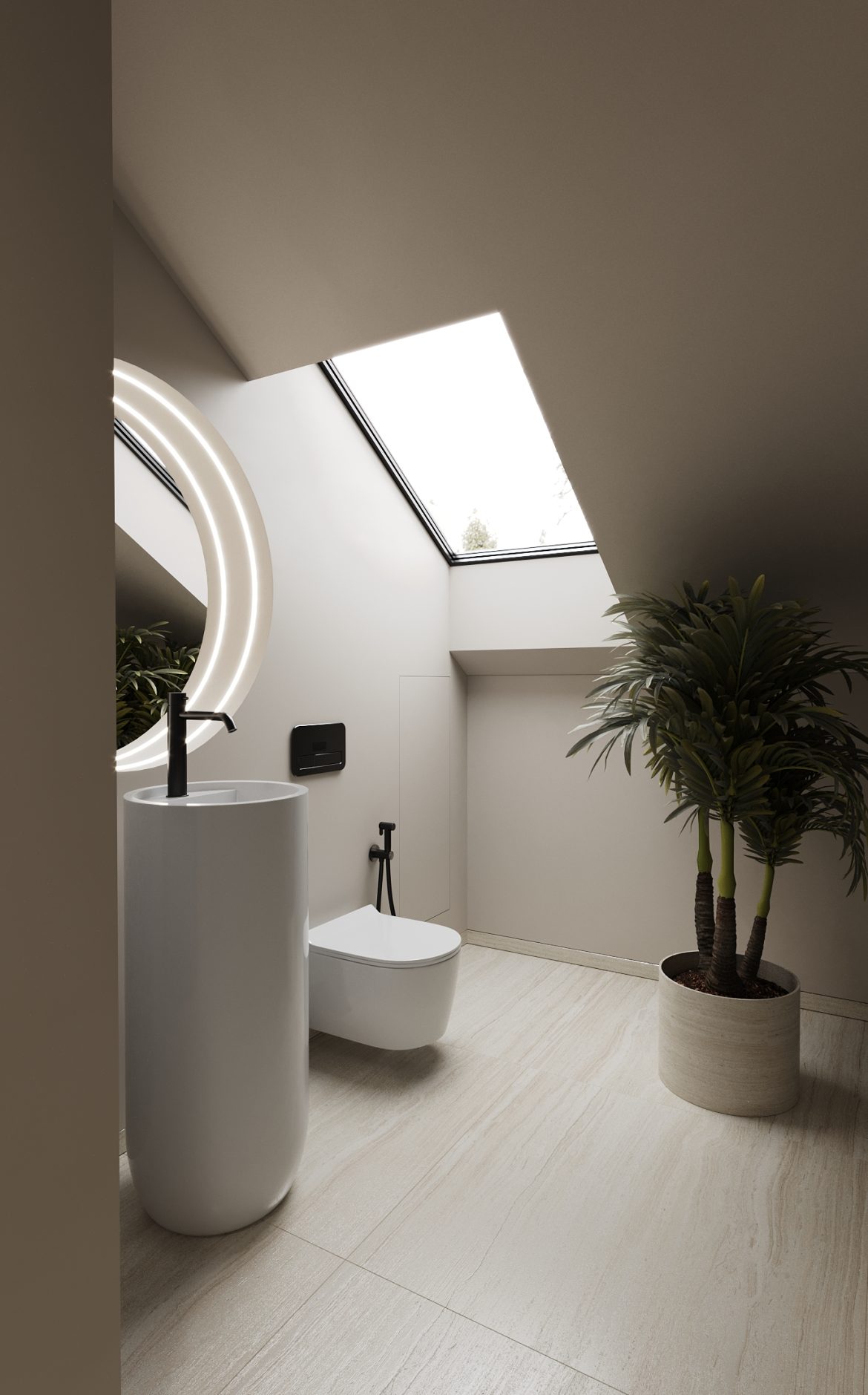 crb1 baie mansardata blat gros quartz mdf mat oglinda rotundă led yulmob