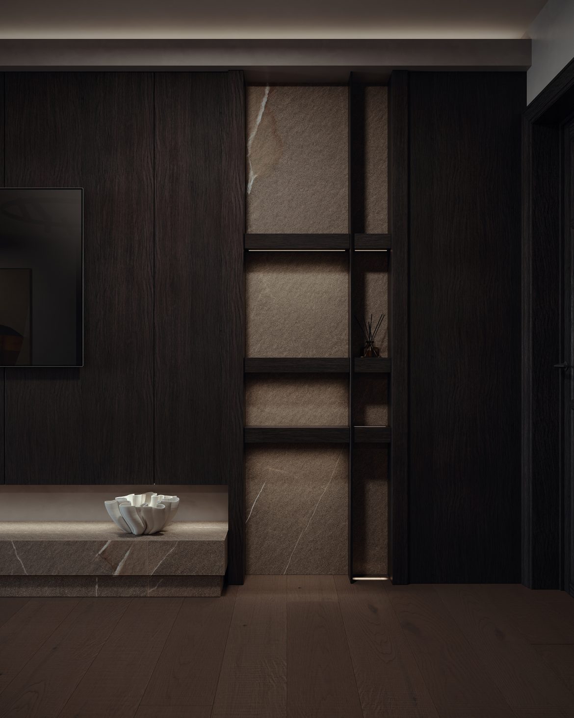 CIH 02 living mobilier mdf furniruit burley oak perete tv banda led cob casa iasi hlincea yulmob