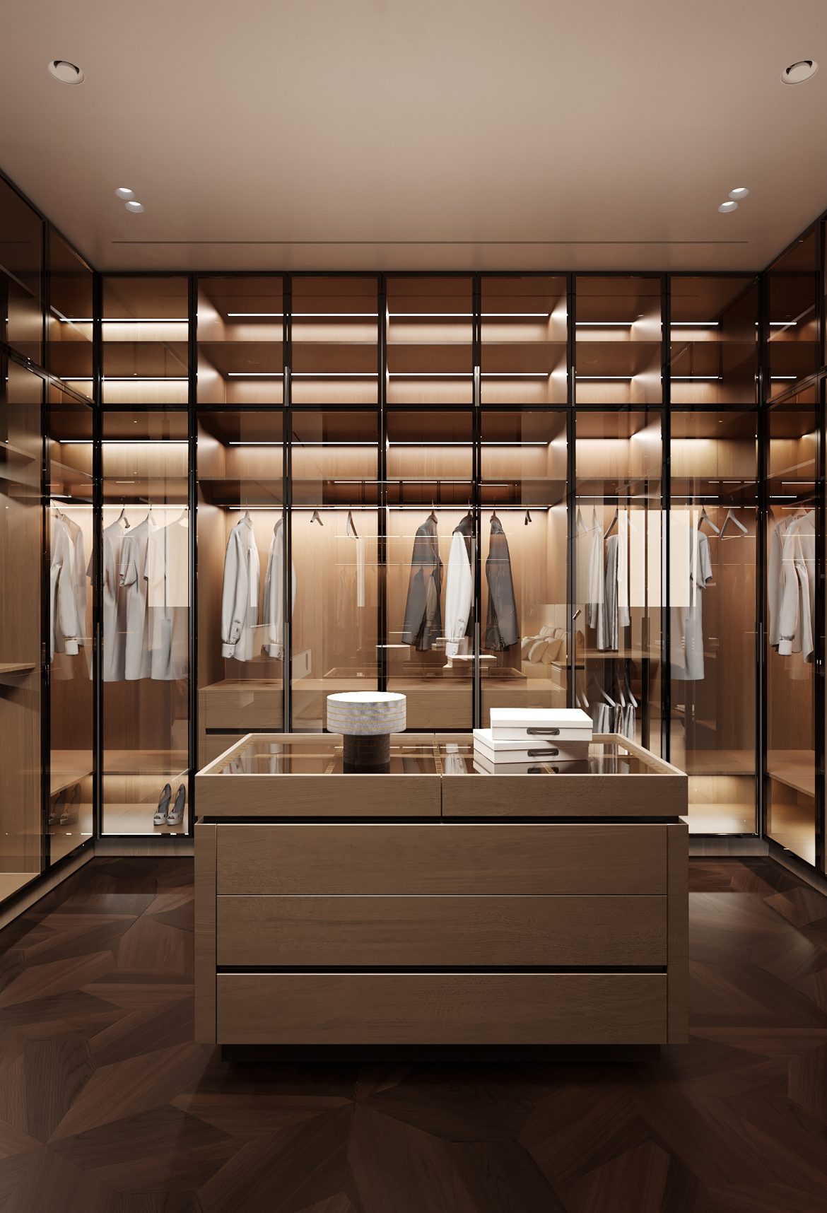 CIPI 08 dormitor matrimonial walk in dressing insula stejar masiv sertare blum legrabox yulmob