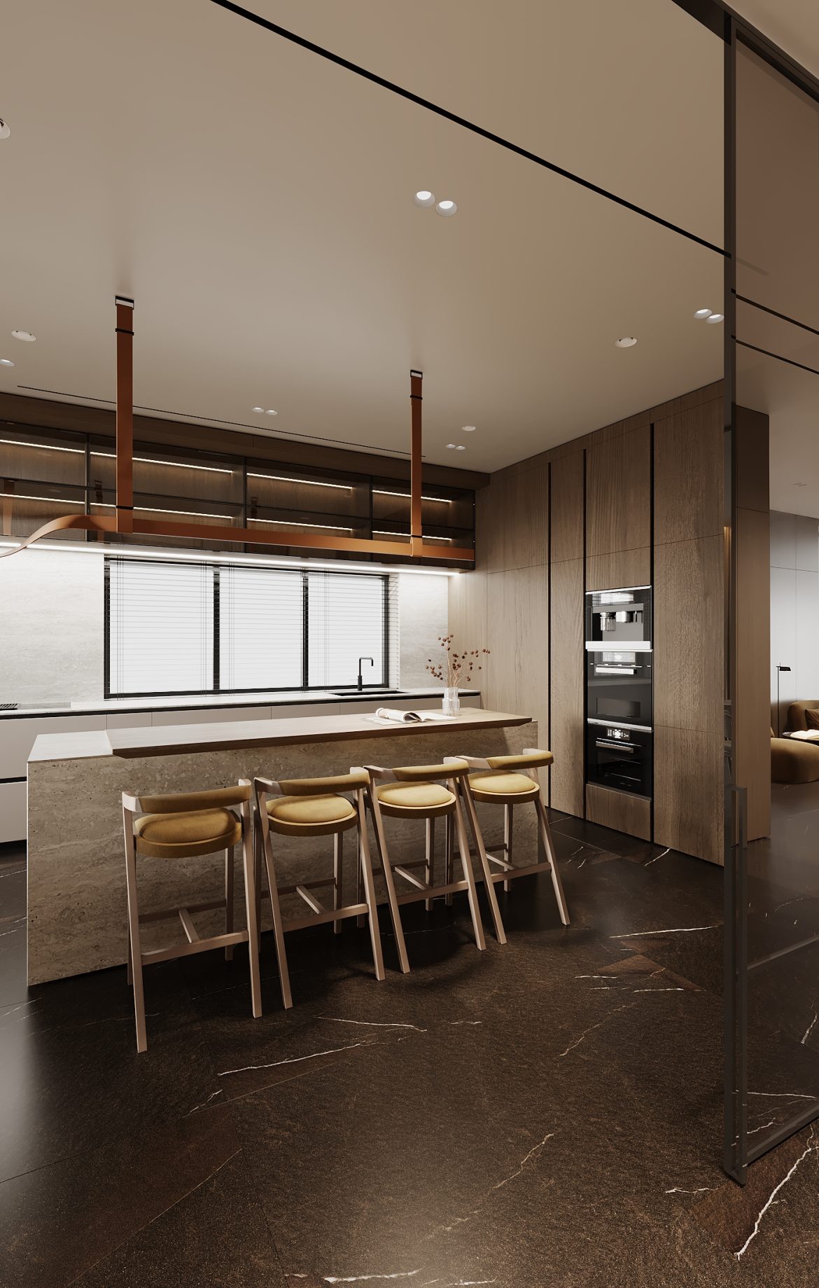 CIPI 09 living open space bucatarie mdf furnir stejar cuptor miele yulmob